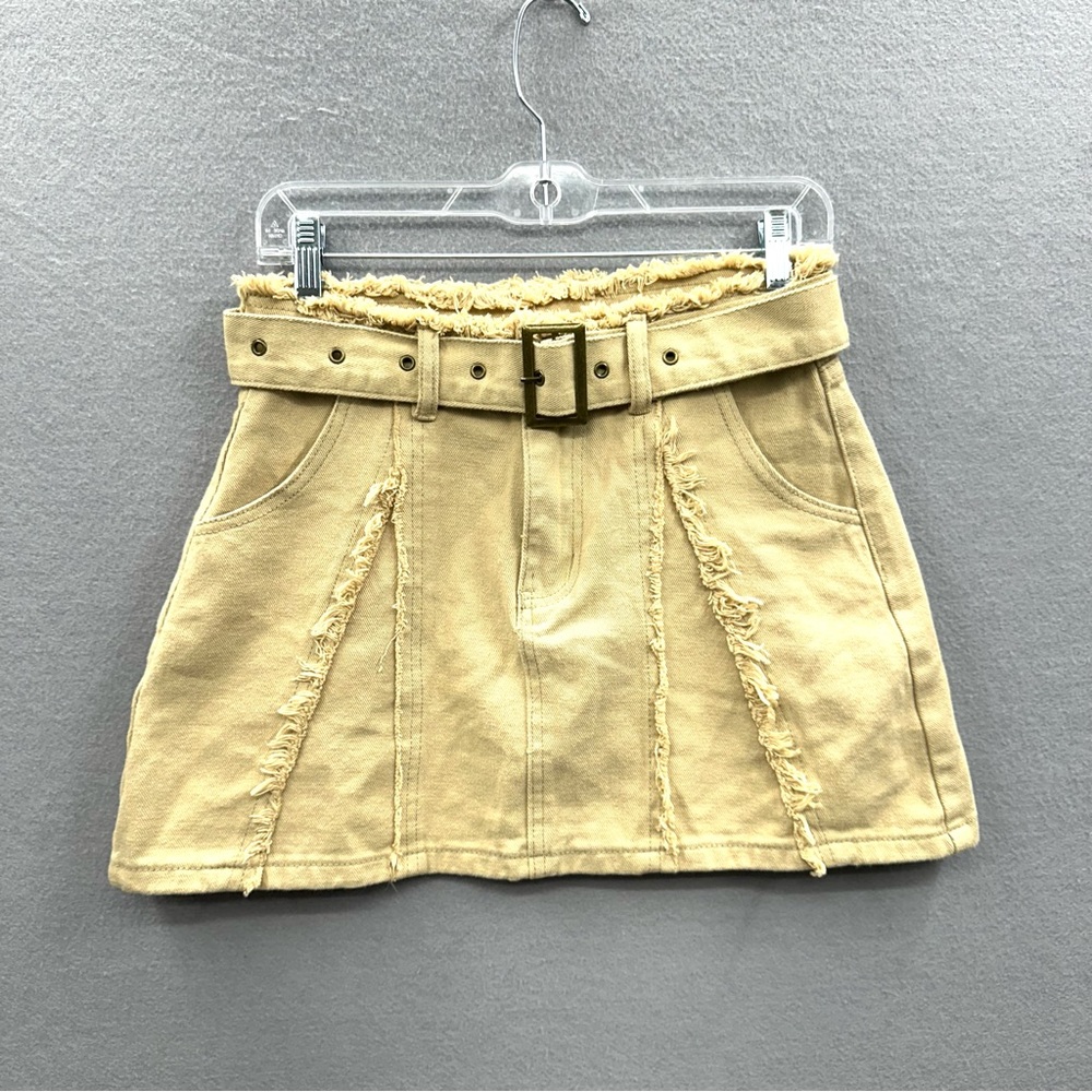 Khaki Denim Belted Mini Skirt Distressed Raw Hem Women Size S Beige Pockets